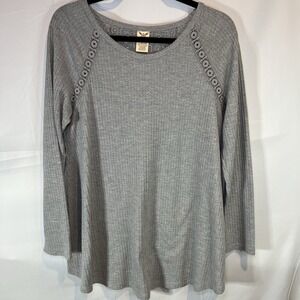 Faded Glory Top Womens L Gray Waffle‎ Knit Crochet Trim Tunic Long Sleeve Solid